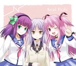  ahoge angel_beats! belt blazer blush choker fang green_eyes hair_ribbon hairband jacket long_hair multiple_girls pink_eyes pink_hair purple_hair ribbon school_uniform short_twintails silver_hair tenshi_(angel_beats!) twintails usako_(meco) yellow_eyes yui_(angel_beats!) yuri_(angel_beats!) 