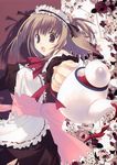  blush brown_eyes brown_hair copyright_request flower highres maid mitsumi_misato open_mouth solo teapot 