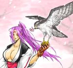  ahomira baiken bird breasts cleavage gloves guilty_gear hawk japanese_clothes kimono large_breasts one-eyed open_clothes open_kimono pink_eyes pink_hair ponytail scar scar_across_eye solo tattoo 