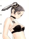  bare_shoulders bra breasts choker closed_mouth eyelashes from_side frown green_eyes grey_hair hair_ornament headgear highres lingerie looking_away looking_down medium_breasts murata_renji short_hair simple_background solo underwear underwear_only upper_body white_background 