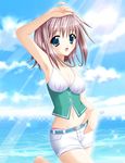  :d armpits beach blue_eyes breasts brown_hair cleavage cloud copyright_request day large_breasts midriff navel open_mouth outdoors short_shorts shorts sky smile solo wing_yun_man 