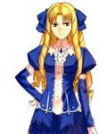  blonde_hair blue_dress bow brown_eyes dress drill_hair fate/hollow_ataraxia fate/stay_night fate_(series) hair_bow hand_on_hip lace lace-trimmed_dress long_hair long_sleeves looking_at_viewer luviagelita_edelfelt simple_background sketch solo white_background yu_65026 