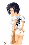  artist_request ass black_hair blush brown_eyes copyright_request flat_ass flat_chest fundoshi japanese_clothes looking_back one-piece_tan short_hair simple_background solo tan tanline white_background yamakasa 