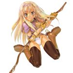  archer_(ragnarok_online) armor black_legwear blonde_hair blouse blush boots bow_(weapon) breastplate elbow_pads gloves green_eyes hairband highleg highleg_panties long_hair morii_shizuki panties ragnarok_online sitting solo thighhighs underwear wariza weapon white_panties 