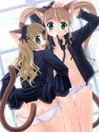  animal_ears aqua_eyes artist_request ass back blouse blush bow bow_panties brown_hair cat_ears cat_tail copyright_request from_behind headdress long_sleeves looking_back lowleg lowleg_panties mouth_hold multiple_girls no_bra open_clothes open_shirt panties shirt side-tie_panties standing tail thigh_gap underwear white_panties 