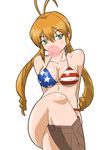  1girl american_flag_bikini bikini blonde_hair bubblegum flag_print green_eyes legs_crossed monica_adenauer swimsuit twintails yakitate!!_japan 