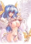  asymmetrical_wings blue_hair bow breasts choker dizzy guilty_gear hair_ribbon huge_breasts midriff miwa_yoshikazu navel nipple_slip nipples open_mouth red_eyes ribbon solo strapless_bottom tail tail_bow tail_ribbon thighhighs wings 