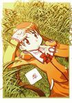  artist_request candy food grass katase_shima konpeitou long_hair long_sleeves orange_shirt shirt solo uchuu_no_stellvia 