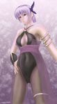  armlet ayane_(doa) bare_shoulders black_legwear breasts brooch cleavage cleavage_cutout closed_mouth dead_or_alive expressionless hand_on_hip headband jewelry large_breasts liquidshade pantyhose pink_eyes pink_hair short_hair skin_tight solo standing 
