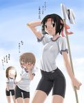  :d bike_shorts black_hair blonde_hair blue_sky blush breath brown_eyes brown_hair closed_eyes contemporary day flag gym_uniform headband komusou looking_at_viewer maria-sama_ga_miteru mizuno_youko multiple_girls nose_blush numbered_flag open_mouth satou_sei shirt short_hair shorts sky smile sportswear stick torii_eriko white_shirt 