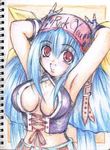  :d artist_request belt blue_hair blush bow breasts buckle cleavage cosplay cross-laced_clothes dizzy english fingerless_gloves gloves guilty_gear hair_between_eyes hair_ribbon hairband large_breasts long_hair looking_at_viewer open_mouth red_eyes ribbon smile solo traditional_media very_long_hair 