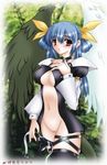 asymmetrical_wings blue_hair bottomless breasts brown_eyes choker cleavage dizzy guilty_gear hair_ribbon hotarui_chihiro large_breasts leather long_sleeves navel outdoors pussy ribbon solo strap tail thighhighs wings 