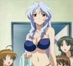  ahoge bikini black_hair blue_hair breast_envy breasts brown_hair cleavage kojima_eri large_breasts long_hair magical_canan multiple_girls red_eyes screencap solo_focus swimsuit 