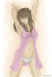  armpits arms_up blue_eyes breasts brown_hair dead_or_alive hitomi_(doa) lingerie medium_breasts navel negligee nightgown panties see-through solo standing stretch underwear white_panties 