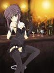  alcohol bar black_gloves black_legwear black_panties blush breasts chair chemise chikage_(sister_princess) cleavage colorized garter_straps glass gloves lace leaning_back lingerie long_hair masakichi_(crossroad) medium_breasts off_shoulder panties purple_eyes purple_hair resized shima_yukiwa sister_princess sitting solo strap_slip tavern underwear 