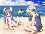  afloat animal_ears aozora_market barefoot beach blonde_hair bunny_ears cloud day feet hat innertube izayoi_sakuya kirisame_marisa multiple_girls ocean one-piece_swimsuit outdoors reisen_udongein_inaba school_swimsuit sky swimsuit teardrop touhou water white_school_swimsuit white_swimsuit witch_hat 