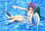  artist_request asymmetrical_wings barefoot blue_hair breasts cleavage dizzy dress feet guilty_gear hair_ribbon innertube large_breasts long_hair lowres red_eyes ribbon sitting solo tail twintails wading water wet wet_clothes wings 