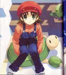  amazuyu_tatsuki animal blue_overalls cross-laced_footwear genderswap genderswap_(mtf) hat highres long_sleeves looking_at_viewer mario mario_(series) overalls oversized_animal red_hat scan scan_artifacts shoes sitting sneakers solid_oval_eyes solo stairs super_mario_bros. turtle 