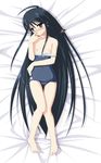  barefoot black_hair blush flat_chest long_hair name_tag nipples ogata one-piece_swimsuit school_swimsuit shakugan_no_shana shana solo swimsuit swimsuit_pull very_long_hair 