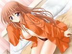  alma_~zutto_soba_ni...~ bed black_panties blue_eyes blush braid breasts brown_hair cleavage dress_shirt dutch_angle game_cg hair_ribbon large_breasts long_hair long_sleeves matra_milan mitsuki_kanae no_bra no_pants open_clothes open_shirt orange_shirt panties ribbon shirt sitting smile solo underwear 