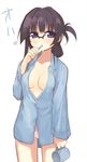  black_hair blue_eyes brushing_teeth copyright_request cup glasses kashiwamochi_yomogi long_sleeves no_bra open_clothes open_shirt panties shirt simple_background solo toothbrush translated underwear 