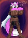 abstract_background anthro armor big_breasts black_lips blue_eyes breasts canid canine canis cape clothing dialogue female fur hair hatarla hi_res huge_breasts humor hyper hyper_breasts lips looking_at_viewer mammal pink_body pink_fur pun solo speech_bubble talking_to_viewer white_hair wolf yuni_hermit 