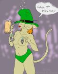  2021 alcohol anthro beer beer_mug beer_tap beverage breasts clothing cybercorn_entropic dialogue drunk female fur hair hat hat_over_eyes headgear headwear holidays humor irish_text mammal mouse murid murine pun purple_background red_hair rodent shamrock simple_background solo st._patrick&#039;s_day substance_intoxication tan_body tan_fur text tongue tongue_out whiskers 