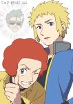  3boys afro black_choker black_shirt blonde_hair blue_eyes blue_jacket character_request choker commentary_request elite_four emphasis_lines flint_(pokemon) grey_eyes gym_leader hand_up highres jacket male_focus multiple_boys number open_clothes open_jacket parted_lips pokemon pokemon_(anime) pokemon_dppt_(anime) red_hair sankaku shirt short_hair smile spiked_hair thumbs_up volkner_(pokemon) yellow_shirt 