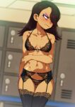  1girl black_bra black_eyes black_legwear black_panties blurry blurry_background blush bra breasts brown_hair closed_mouth collarbone commentary dark_skin dark_skinned_female english_commentary eyeshadow garter_belt hair_over_one_eye holding_own_arm jcm2 lingerie locker long_hair looking_away looking_to_the_side makeup navel o-ring o-ring_top panties shiny shiny_skin small_breasts solo standing stomach sweatdrop taylor_(the_loud_house) the_loud_house thigh_gap thighhighs underwear underwear_only v-shaped_eyebrows 