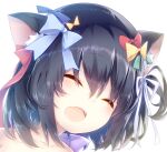  1girl :d animal_ears ayatan-kiri bangs black_hair cat_day cat_ears cat_girl closed_eyes eyebrows_visible_through_hair face hair_ribbon highres open_mouth original portrait ribbon short_hair simple_background smile solo white_background 