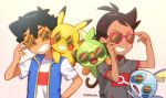  2boys adjusting_eyewear antenna_hair artist_name bangs black_hair blue_jacket chitozen_(pri_zen) commentary_request dark_skin dark_skinned_male gen_1_pokemon gen_8_pokemon goh_(pokemon) grey_shirt grin grookey hair_ornament hands_up heart heart-shaped_eyewear jacket male_focus multiple_boys pikachu pokemon pokemon_(anime) pokemon_(creature) pokemon_swsh_(anime) shirt short_hair short_sleeves sleeveless sleeveless_jacket smile sobble star-shaped_eyewear sunglasses t-shirt upper_body white_shirt 