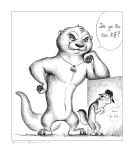  2021 anthro blush canid canine comic cowering dialogue digital_drawing_(artwork) digital_media_(artwork) dog_tags duo english_text flirting fox greyscale hair hand_on_cheek hi_res imminent_death imminent_sex looking_at_another lutrine male mammal monochrome mustelid narrowed_eyes nik159 size_difference smile standing text thought_bubble url were weremustelid wereotter 