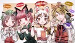  4girls animal_ears animalization artist_request bangs bell black_bow black_cat black_neckwear black_ribbon blonde_hair blush bow braid brown_eyes cat cat_ears cat_tail chen collar dress extra_ears gold goutokuji_mike green_dress green_headwear hair_bow hat highres kaenbyou_rin koban_(gold) komeiji_koishi_(cat) midriff midriff_peek mob_cap multicolored multicolored_clothes multiple_girls nyan orange_vest paw_pose red_eyes red_hair ribbon shirt short_hair simple_background speech_bubble tail third_eye toramaru_shou touhou trait_connection twin_braids vest white_neckwear white_shirt 