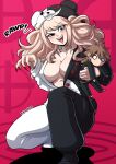  1girl artist_name bangs blonde_hair breasts character_doll claw_pose cleavage commentary cosplay danganronpa:_trigger_happy_havoc danganronpa_(series) doll enoshima_junko half-closed_eye hands_up highres holding holding_doll hood hood_up kinkymation large_breasts long_hair long_sleeves looking_at_viewer monokuma monokuma_(cosplay) naegi_makoto onesie open_mouth partially_unbuttoned pink_background red_nails spoilers two-tone_background upper_teeth 