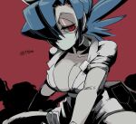  +_+ 1girl 770mk blue_hair breasts cleavage eyepatch hair_over_one_eye hat large_breasts looking_at_viewer mask mouth_mask nurse nurse_cap one-eyed ponytail red_background shading skullgirls surgical_mask twitter_username valentine_(skullgirls) white_headwear 