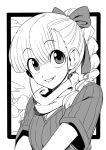  1girl bow braid braided_ponytail breasts bulma dragon_ball dragon_ball_(classic) hair_bow highres long_hair looking_at_viewer monochrome smile solo tukiwani 