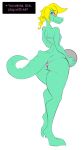  2016 alligator alligatorid anthro ball blonde_hair bratty_(undertale) butt clothed clothing crocodilian dialogue english_text female flat_chested full-length_portrait green_body hair hi_res holding_ball holding_object jrvanesbroek looking_at_viewer looking_back looking_back_at_viewer orb portrait reptile scalie skimpy solo standing text undertale video_games wide_hips 