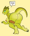  2020 all_fours anthro bedroom_eyes big_butt blue_eyes breasts butt dialogue english_text erect_nipples female green_body green_scales herny hi_res karma_(deadmann) lizard looking_at_viewer looking_back looking_back_at_viewer narrowed_eyes naughty_face nipples non-mammal_breasts nude rear_view reptile scales scalie seductive solo talking_to_viewer text 