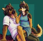  2021 anthro blep bottomwear breasts canid canine canis clothing crossed_legs domestic_dog duo ear_piercing female fur german_shepherd herding_dog hi_res male mammal marjani pants pastoral_dog piercing romantic_couple shirt shorts tank_top tongue tongue_out topwear ych_result 