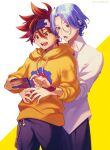  2boys :d :o arms_around_waist artist_name bangs blue_hair blurry blush brown_eyes cellphone collared_shirt commentary_request cowboy_shot dated depth_of_field drawstring green_eyes hair_between_eyes happy highres holding holding_phone hood hood_down hoodie hug hug_from_behind kyan_reki langa_hasegawa long_sleeves looking_at_phone looking_down male_focus multiple_boys open_mouth pants phone print_hoodie purple_headband purple_pants red_hair shiny shiny_hair shirt short_hair sk8_the_infinity smartphone smile sparkle spiked_hair standing teeth twitter_username two-tone_background untucked_shirt white_background white_shirt wrench wristband yellow_background yellow_hoodie zero-go 