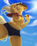  2021 absurd_res anthro anthrofied apple_(fruit) applejack_(mlp) blonde_hair blue_sky bottomwear breasts clothed clothing equid equine female food freckles friendship_is_magic fruit fur hair happy hasbro hat headgear headwear hi_res holding_apple holding_food holding_fruit holding_object horse low-angle_view mammal my_little_pony nipples open_mouth open_smile partially_clothed plant pony portrait shorts sky smile solo tan_body tan_fur three-quarter_portrait unfinishedheckery 