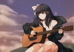  1girl bangs belt black_belt black_eyes black_hair black_jacket blush bow dress english_commentary fur_trim hair_bow indie_virtual_youtuber instrument iskaydi jacket looking_down multicolored_hair music off_shoulder playing_instrument purple_hair ririsya smile solo streaked_hair virtual_youtuber white_bow white_dress 