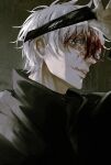  1boy arm_up bags_under_eyes bangs blindfold blindfold_lift blood blood_on_face bloody_hair blue_eyes dos_(dos_1013) eyelashes gojou_satoru grey_background hair_over_eyes half-closed_eyes hand_up high_collar highres jacket jujutsu_kaisen male_focus messy_hair parted_lips portrait short_hair simple_background solo teeth white_hair 