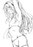  1girl aimai-me an-94_(girls_frontline) armpits arms_up blush breasts cowboy_shot from_below girls_frontline greyscale headband highres long_hair looking_at_viewer looking_down monochrome navel open_mouth shorts sketch small_breasts solo sports_bra sportswear sweat white_background 