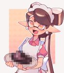  +_+ 1girl a_very_happy_potato apron bad_food black_hair blush breasts callie_(splatoon) censored censored_food domino_mask earrings english_commentary fang food highres holding holding_plate jewelry juliet_sleeves long_hair long_sleeves mask medium_breasts mole mole_under_eye mosaic_censoring plate puffy_sleeves smile splatoon_(series) tentacle_hair very_long_hair 