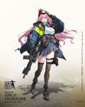 1girl artist_request assault_rifle bag bangs belt black_footwear black_gloves black_legwear blue_jacket blue_skirt blush boots breasts character_name copyright_name earrings eyebrows_visible_through_hair eyewear_on_head floor girls_frontline gloves gun heart heart_earrings highres holding jacket jewelry large_breasts long_hair looking_at_viewer mole mole_under_eye neck_tattoo official_art open_clothes open_jacket open_mouth pink_hair police police_uniform red_eyes rifle salute shirt sig_mcx_(girls_frontline) sig_sauer sig_sauer_mcx simple_background skirt solo standing tattoo thighhighs uniform walkie-talkie weapon white_shirt 