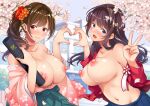  2girls areolae bangs bare_shoulders blue_eyes blue_skirt blush breasts breasts_outside brown_hair cleavage closed_mouth collarbone comic_shingeki eyebrows_visible_through_hair floral_print flower hair_flower hair_ornament hairclip heart heart_hands highres holding japanese_clothes large_breasts long_hair looking_at_viewer meganei multiple_girls navel nipples off_shoulder open_mouth original outdoors petals pink_eyes pleated_skirt purple_hair school side_ponytail skirt smile tagme v 