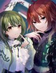  2girls aketa_mikoto blonde_hair earrings green_hair highres idolmaster idolmaster_shiny_colors jewelry kumano09_(yaecha0) lace-trimmed_sleeves lace_trim light_smile long_hair looking_at_viewer manicure multicolored_hair multiple_girls nanakusa_nichika neck_ribbon necklace red_hair ribbon ribbon-trimmed_collar ribbon_trim shhis_(idolmaster) smile upper_body 