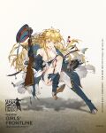  1girl artist_request blonde_hair blue_eyes blue_footwear blue_gloves blue_headwear blush bra braid breasts character_name cleavage collarbone commentary_request copyright_name eyebrows_visible_through_hair floor girls_frontline gloves gun hat hat_removed headwear_removed highres holding holding_weapon long_hair looking_down machine_gun military military_hat military_uniform official_art open_mouth ppd-40_(girls_frontline) simple_background small_breasts solo standing standing_on_one_leg thighhighs torn_boots torn_clothes torn_legwear underwear uniform weapon white_bra white_legwear 