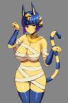  2021 absurd_res animal_crossing ankha_(animal_crossing) anthro bandage big_breasts blue_hair blush breasts domestic_cat eyebrow_through_hair eyebrows eyelashes eyeshadow felid feline felis female grey_background hair hi_res jewelry makeup mammal mostly_nude nintendo short_hair simple_background sole-gem solo striped_tail stripes translucent translucent_hair uraeus usekh video_games 